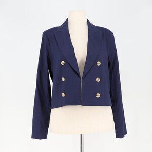HOUSE OF HARLOW 1960 Linen Blend Single-Hook Closure Crop Blazer Navy Size L